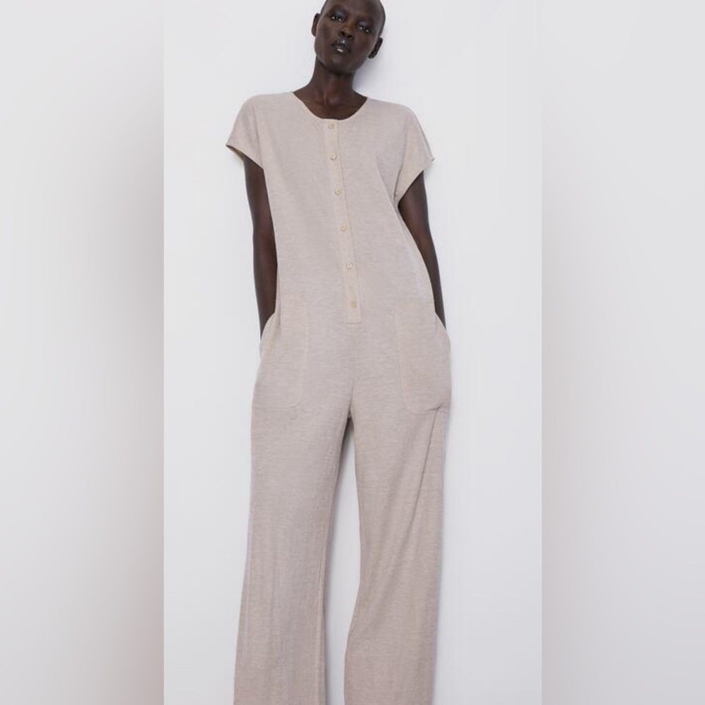 ZARA Sz M Rustic Jumpsuit Patch Like Pockets Buttons Unlined Cap Sleeve